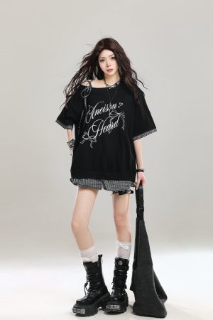 American Retro Embroidered Off-Shoulder Short Sleeve T-Shirt for Women, Summer 2025 Loose Faux Two-Piece Shoulder-Baring Top