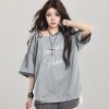 American Retro Embroidered Off-Shoulder Short Sleeve T-Shirt for Women, Summer 2025 Loose Faux Two-Piece Shoulder-Baring Top