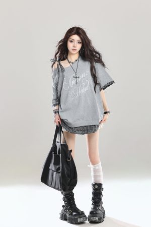 American Retro Embroidered Off-Shoulder Short Sleeve T-Shirt for Women, Summer 2025 Loose Faux Two-Piece Shoulder-Baring Top