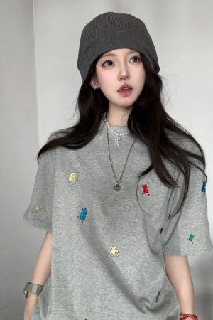 American Retro Embroidered Puzzle Graphic Short Sleeve T-Shirt for Women - Trendy Summer Couple Top, High-End Fashion