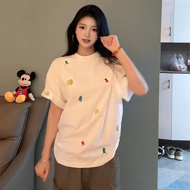 American Retro Embroidered Puzzle Graphic Short Sleeve T-Shirt for Women - Trendy Summer Couple Top, High-End Fashion American Retro Embroidered Puzzle Graphic Short Sleeve T-Shirt for Women - Trendy Summer Couple Top, High-End Fashion