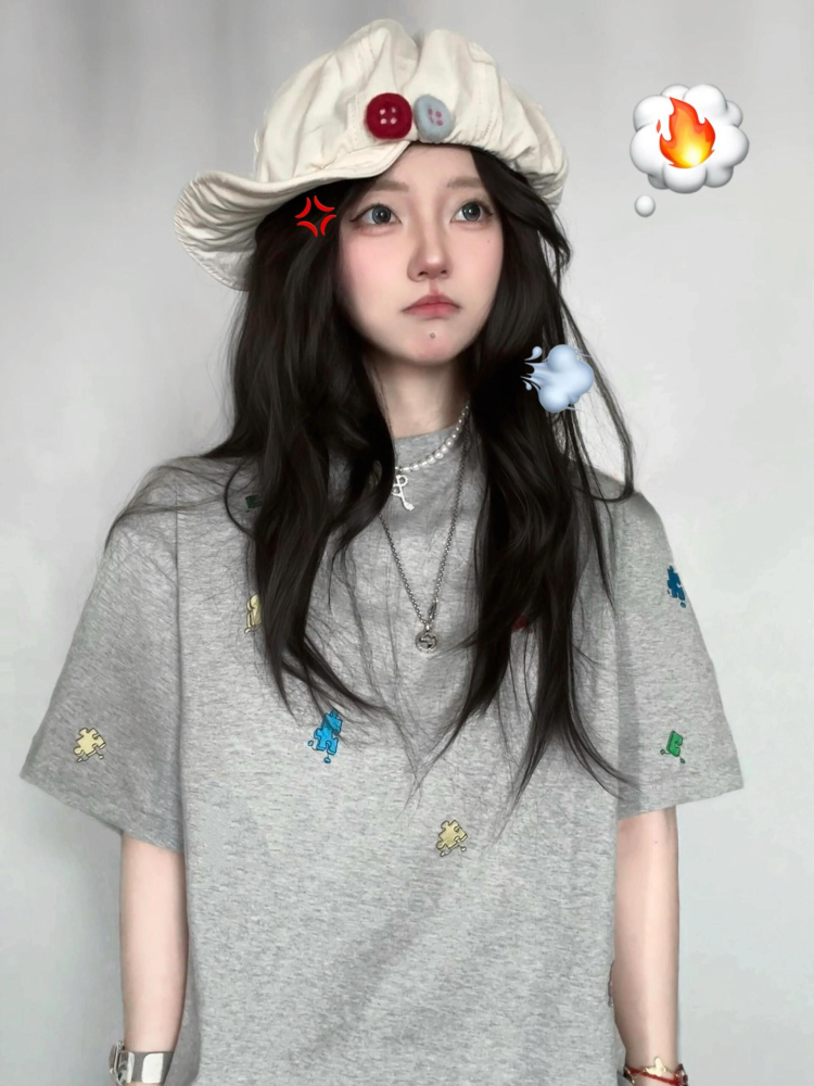 American Retro Embroidered Puzzle Graphic Short Sleeve T-Shirt for Women - Trendy Summer Couple Top, High-End Fashion American Retro Embroidered Puzzle Graphic Short Sleeve T-Shirt for Women - Trendy Summer Couple Top, High-End Fashion