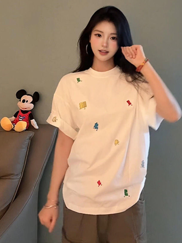American Retro Embroidered Puzzle Graphic Short Sleeve T-Shirt for Women - Trendy Summer Couple Top, High-End Fashion American Retro Embroidered Puzzle Graphic Short Sleeve T-Shirt for Women - Trendy Summer Couple Top, High-End Fashion