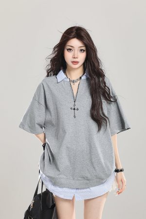 American Retro Fake Two-Piece Lapel Polo Shirt Short Sleeve T-Shirt for Girls - Summer Loose Fit 2025 Vintage Style Top