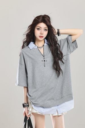 American Retro Fake Two-Piece Lapel Polo Shirt Short Sleeve T-Shirt for Girls - Summer Loose Fit 2025 Vintage Style Top