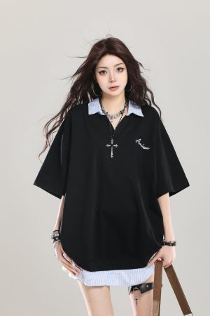 American Retro Fake Two-Piece Lapel Polo Shirt Short Sleeve T-Shirt for Girls - Summer Loose Fit 2025 Vintage Style Top