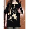 American Retro Floral Embroidered Cat Patchwork Polo Collar Short Sleeve T-Shirt for Women - Summer Y2K Style for Juniors