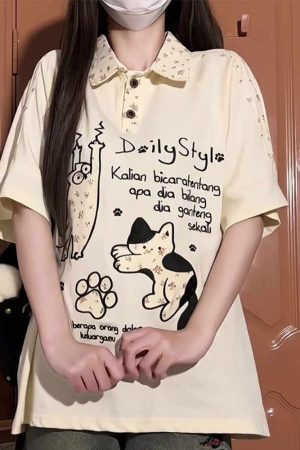 American Retro Floral Embroidered Cat Patchwork Polo Collar Short Sleeve T-Shirt for Women - Summer Y2K Style for Juniors