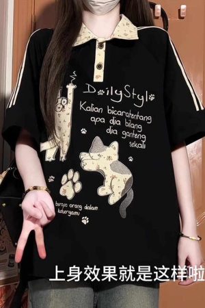 American Retro Floral Embroidered Cat Patchwork Polo Collar Short Sleeve T-Shirt for Women - Summer Y2K Style for Juniors