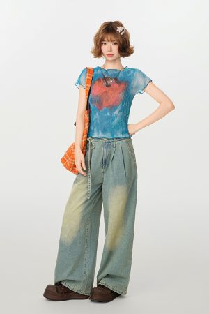 American Retro Gradient Print Short Sleeve T-Shirt for Women - Spicy Girl Waist-Cinching Slim Fit Summer Top