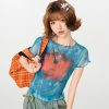 American Retro Gradient Print Short Sleeve T-Shirt for Women - Spicy Girl Waist-Cinching Slim Fit Summer Top