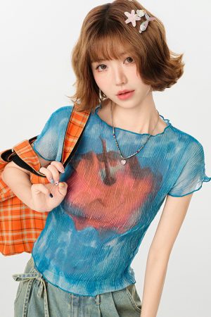 American Retro Gradient Print Short Sleeve T-Shirt for Women - Spicy Girl Waist-Cinching Slim Fit Summer Top