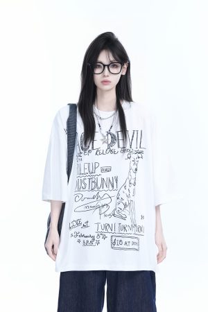 American Retro Graffiti Oversized Short Sleeve T-Shirt for Women - Sit and Eat Until the Mountains Are Empty Trendy Casual Style