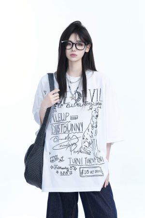 American Retro Graffiti Oversized Short Sleeve T-Shirt for Women - Sit and Eat Until the Mountains Are Empty Trendy Casual Style