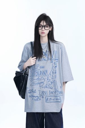 American Retro Graffiti Oversized Short Sleeve T-Shirt for Women - Sit and Eat Until the Mountains Are Empty Trendy Casual Style
