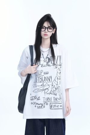 American Retro Graffiti Oversized Short Sleeve T-Shirt for Women - Sit and Eat Until the Mountains Are Empty Trendy Casual Style