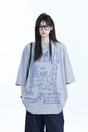 American Retro Graffiti Oversized Short Sleeve T-Shirt for Women - Sit and Eat Until the Mountains Are Empty Trendy Casual Style