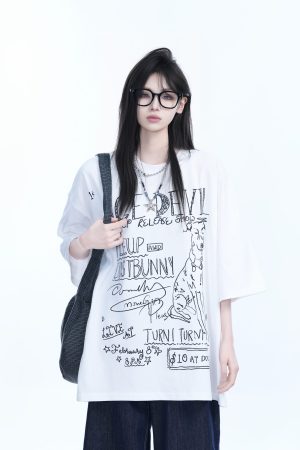 American Retro Graffiti Oversized Short Sleeve T-Shirt for Women - Sit and Eat Until the Mountains Are Empty Trendy Casual Style