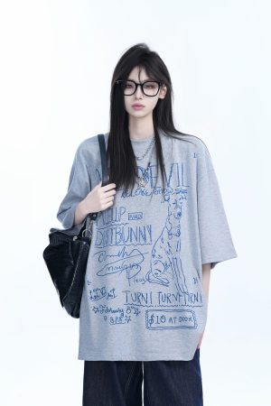 American Retro Graffiti Oversized Short Sleeve T-Shirt for Women - Sit and Eat Until the Mountains Are Empty Trendy Casual Style
