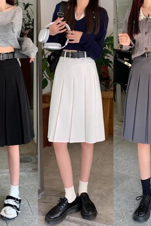 American Retro Gray Pleated Skirt - Women's Mid-Length A-Line College Style for Spring & Summer Plus Size Fashion