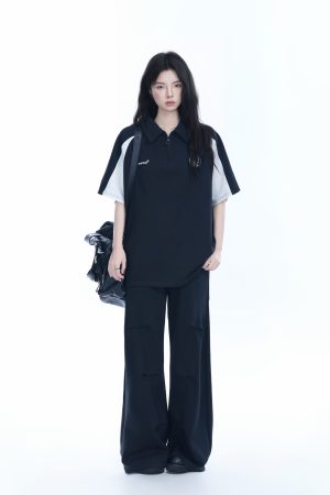 American Retro Half-Zip Collar Short-Sleeve T-Shirt for Women - Loose Fit Polo Style with Mountain-Inspired Graphic