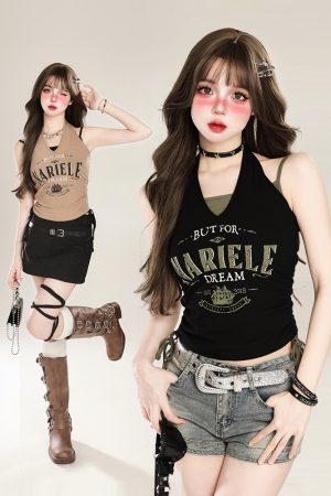 American Retro Halter Crop Top for Women with Drawstring Design, Sweet Faux Two-Piece Style, Perfect for Summer, Y2K Fashion