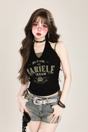 American Retro Halter Crop Top for Women with Drawstring Design, Sweet Faux Two-Piece Style, Perfect for Summer, Y2K Fashion