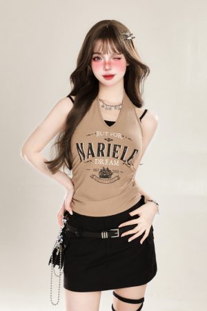 American Retro Halter Crop Top for Women with Drawstring Design, Sweet Faux Two-Piece Style, Perfect for Summer, Y2K Fashion