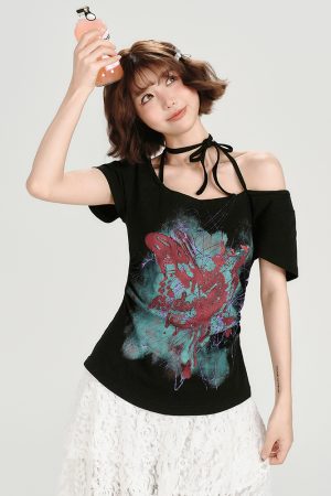 American Retro Halter One-Shoulder Short Sleeve T-Shirt for Women - Slim Fit Flattering Top, Summer Style for Trendy Girls