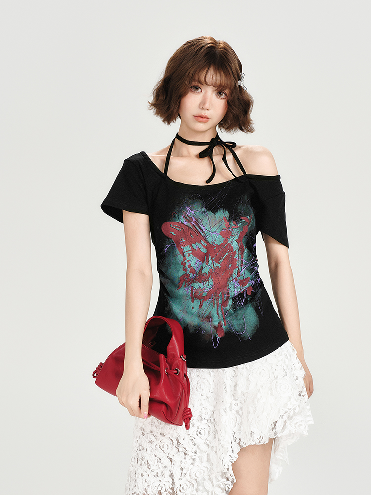 American Retro Halter One-Shoulder Short Sleeve T-Shirt for Women - Slim Fit Flattering Top, Summer Style for Trendy Girls American Retro Halter One-Shoulder Short Sleeve T-Shirt for Women - Slim Fit Flattering Top, Summer Style for Trendy Girls