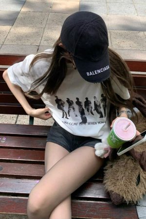 American Retro Hand-Drawn Couple Portrait Oversized T-Shirt for Women - Summer Short Sleeve Pure Cotton Loose Top