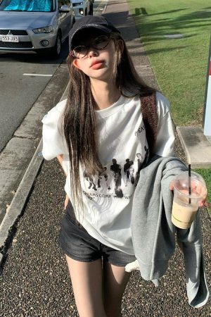 American Retro Hand-Drawn Couple Portrait Oversized T-Shirt for Women - Summer Short Sleeve Pure Cotton Loose Top