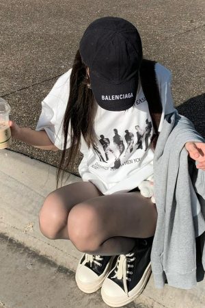 American Retro Hand-Drawn Couple Portrait Oversized T-Shirt for Women - Summer Short Sleeve Pure Cotton Loose Top