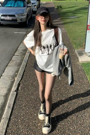 American Retro Hand-Drawn Couple Portrait Oversized T-Shirt for Women - Summer Short Sleeve Pure Cotton Loose Top