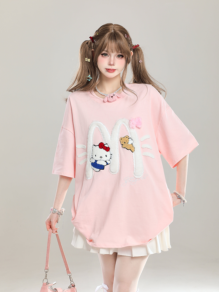 American Retro Hello Kitty Embroidered Short Sleeve T-Shirt for Women - Casual Summer Top with Vintage 90s Style American Retro Hello Kitty Embroidered Short Sleeve T-Shirt for Women - Casual Summer Top with Vintage 90s Style
