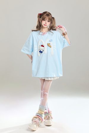 American Retro Hello Kitty Embroidered Short Sleeve T-Shirt for Women - Casual Summer Top with Vintage 90s Style
