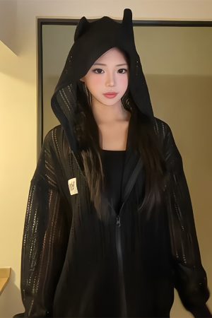 American Retro Hooded Sweatshirt for Women - 3D Ear Mesh Zip-Up Long Sleeve Sun Protection Jacket - Loose Fit Spring Summer Top