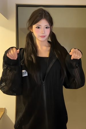 American Retro Hooded Sweatshirt for Women - 3D Ear Mesh Zip-Up Long Sleeve Sun Protection Jacket - Loose Fit Spring Summer Top