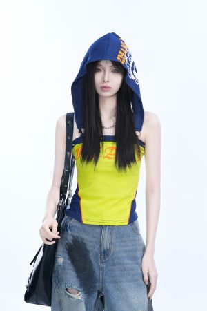 American Retro Hooded Tank Top for Women - Unique Fit, Slimming Design, Trendy Casual Style, Perfect for Summer Outings