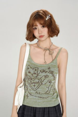 American Retro Knitted Camisole for Women - Slim Fit Summer Top, Spicy Girl Style, Perfect for Y2K and Casual Outfits