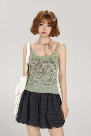 American Retro Knitted Camisole for Women - Slim Fit Summer Top, Spicy Girl Style, Perfect for Y2K and Casual Outfits