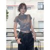 American Retro Knitted Cardigan for Women - Gray Short-Sleeve Slim Fit T-Shirt, Casual Summer Style Top