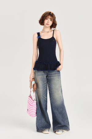 American Retro Lace Hem Camisole for Women - Summer Slim-Fit Top, Versatile Y2K Style