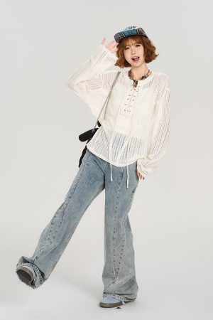 American Retro Lace-Up Hollow Sun Protection Shirt for Women - Summer Casual Loose Slimming Top