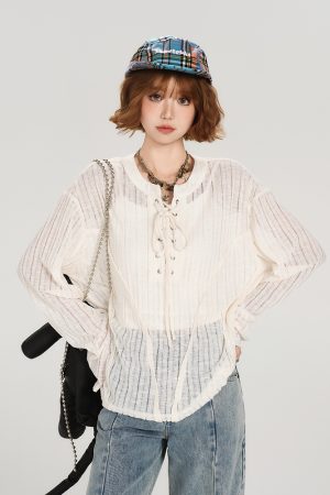 American Retro Lace-Up Hollow Sun Protection Shirt for Women - Summer Casual Loose Slimming Top