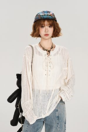 American Retro Lace-Up Hollow Sun Protection Shirt for Women - Summer Casual Loose Slimming Top