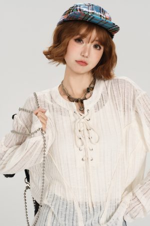 American Retro Lace-Up Hollow Sun Protection Shirt for Women - Summer Casual Loose Slimming Top