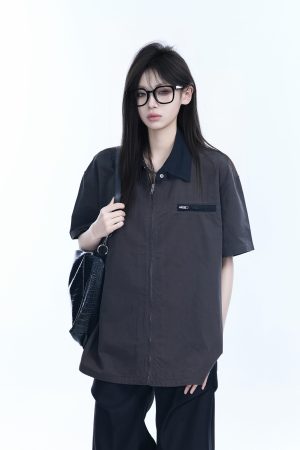 American Retro Lapel Zip Short Sleeve Shirt for Women - Gender-Neutral Loose Fit with Unique Niche Design, Casual Vintage Style