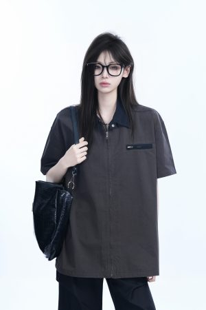 American Retro Lapel Zip Short Sleeve Shirt for Women - Gender-Neutral Loose Fit with Unique Niche Design, Casual Vintage Style