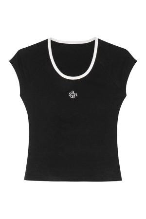 American Retro Letter Embroidery Color-Blocking U-Neck Short Sleeve T-Shirt for Women - Summer Slim Fit 90s Style Top